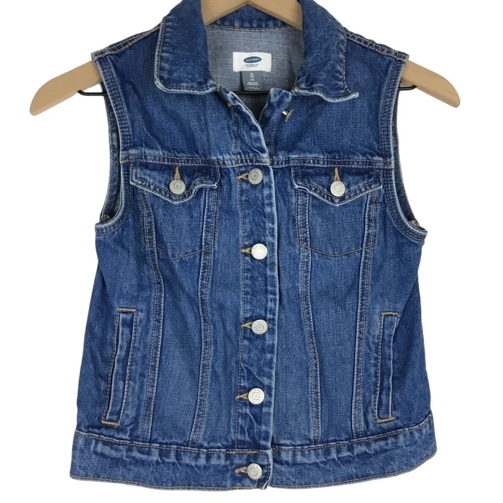 OLD NAVY Girl’s Denim Jean Vest Medium Wash 100% Cotton Western Size XL (14)